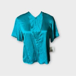 JORDAN Vintage DEADSTOCK Teal Silk Short Sleeve Shirt Womens Medium